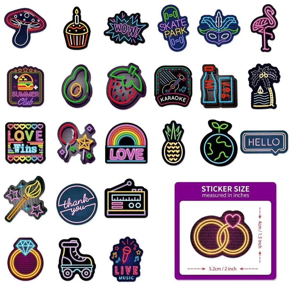 50PCS Cool Neon Light Graffiti Stickers – Waterproof & Reusable
